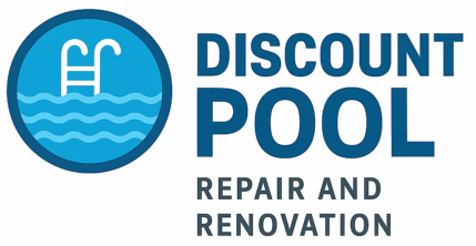 Logo for Discount Pool Repair and Renovation showing a blue swimming pool icon with waves and ladder on a transparent background