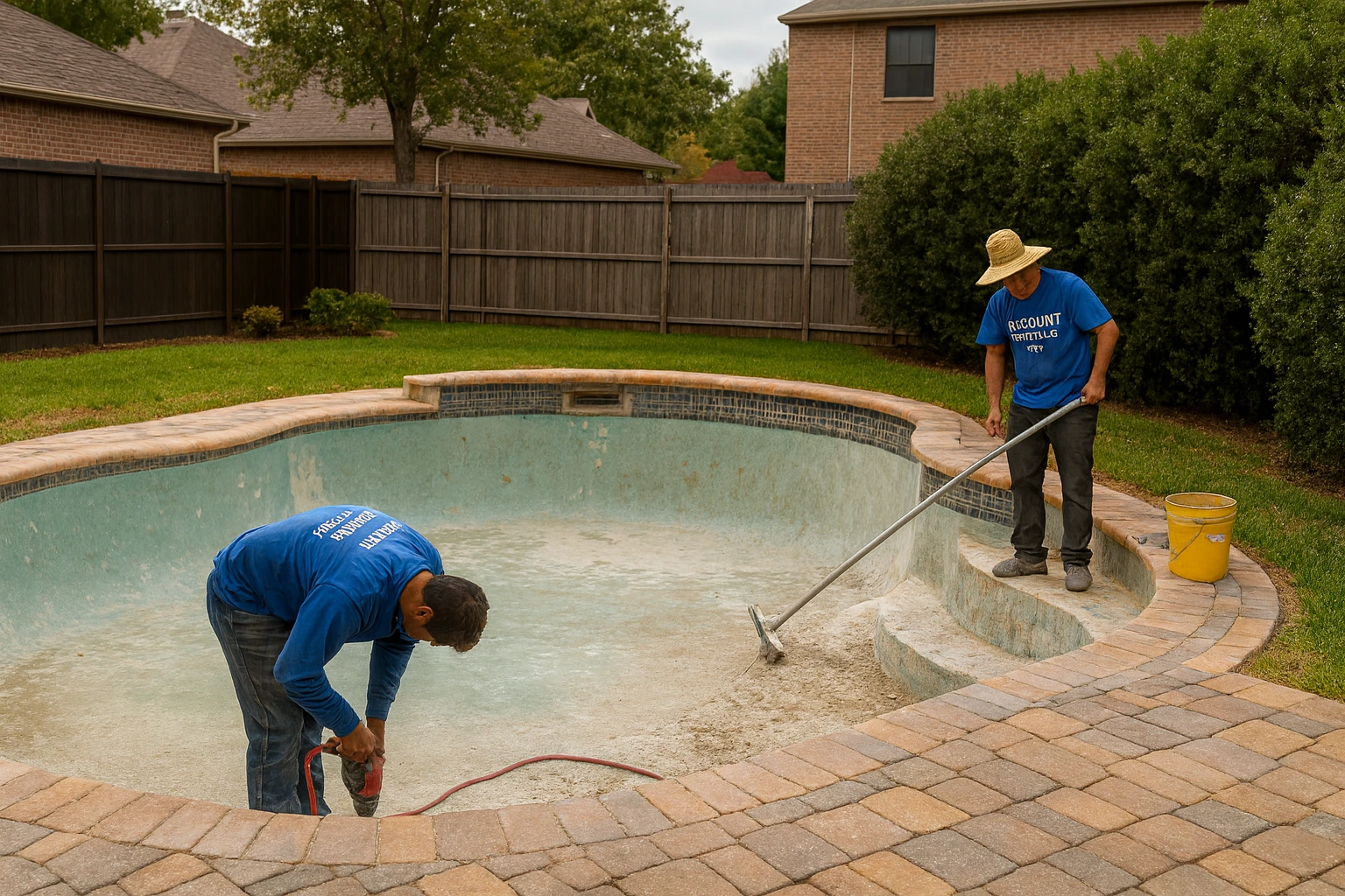Discount Pool Repair DFW crew renovating a residential swimming pool in the Dallas–Fort Worth Metroplex