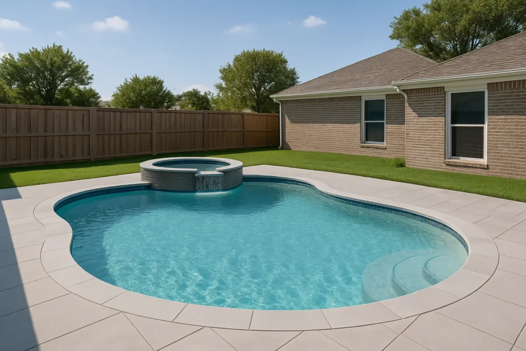 Modern remodeled backyard swimming pool with updated coping, fresh plaster, and gray paver deck in a suburban DFW home.