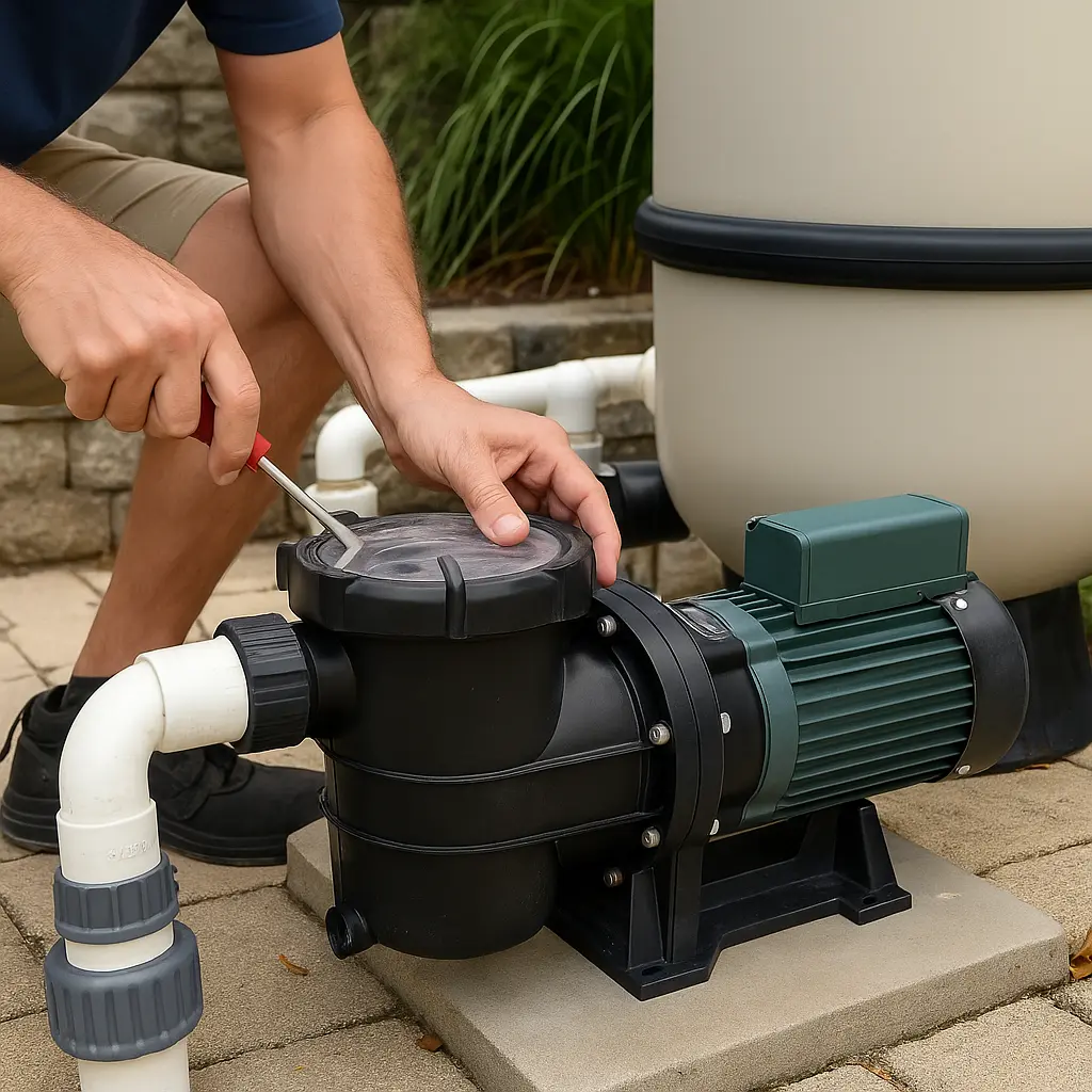 Technician repairing a pool pump and filter