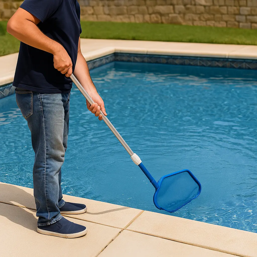 Pool cleaner skimming debris with a net