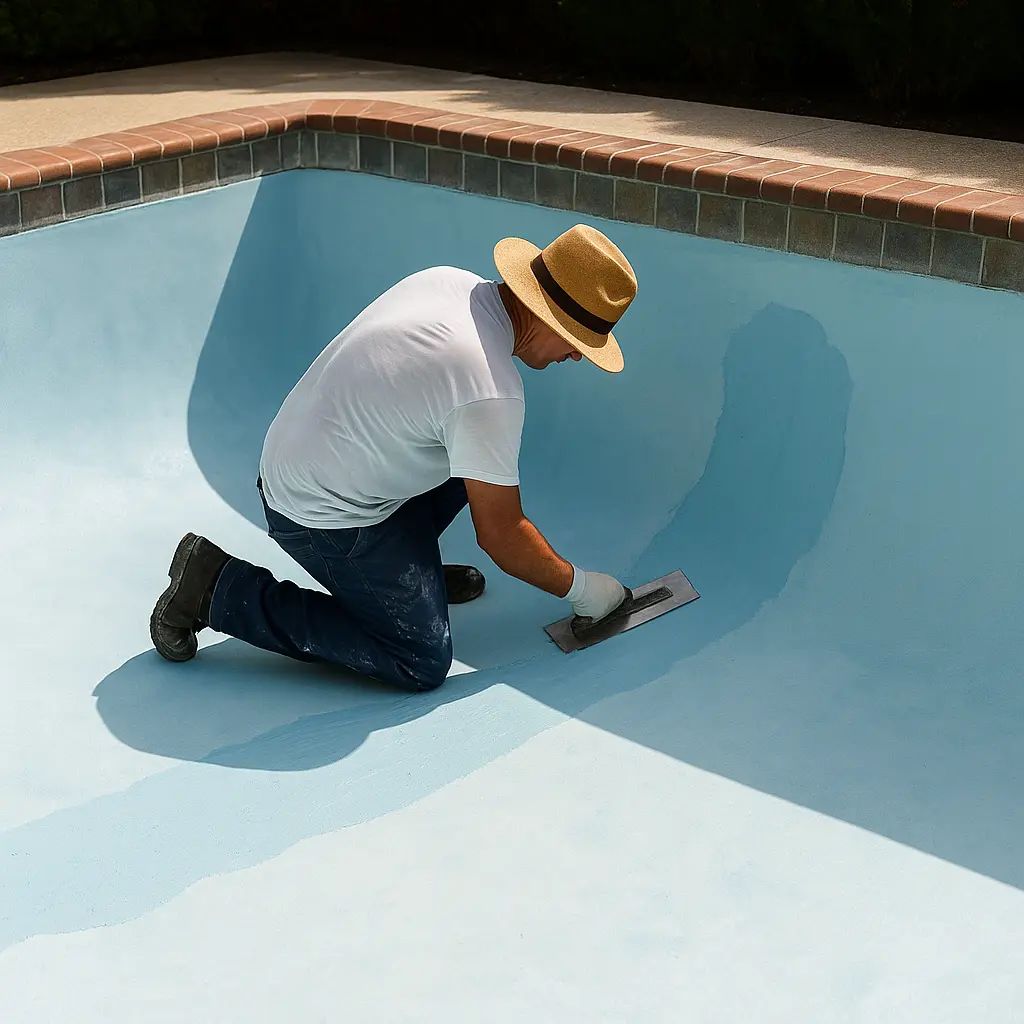 Technician resurfacing an empty pool in DFW